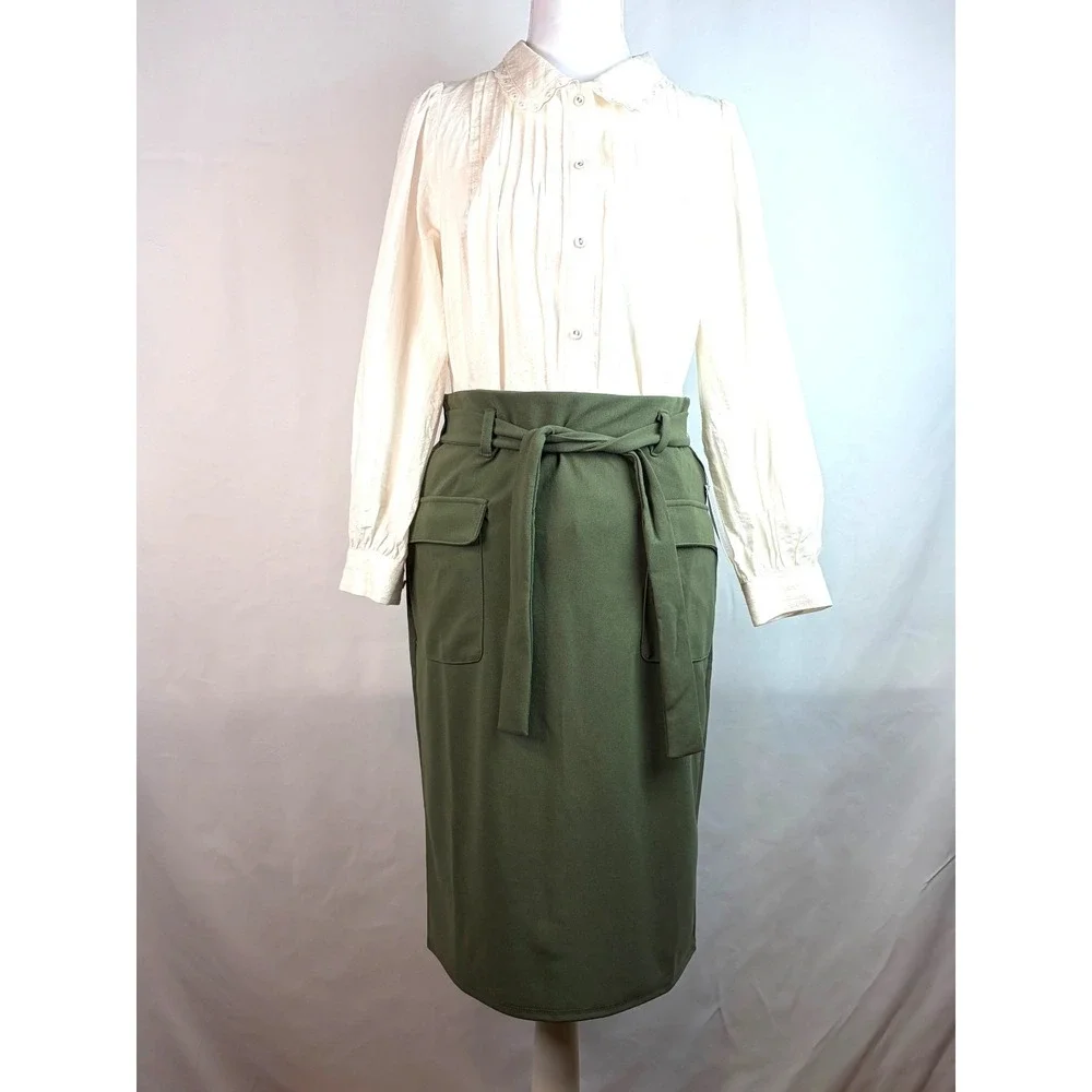 NY Collection Olive Green Petite Slim Belted Scuba Crepe Cargo Skirt Medium Chic